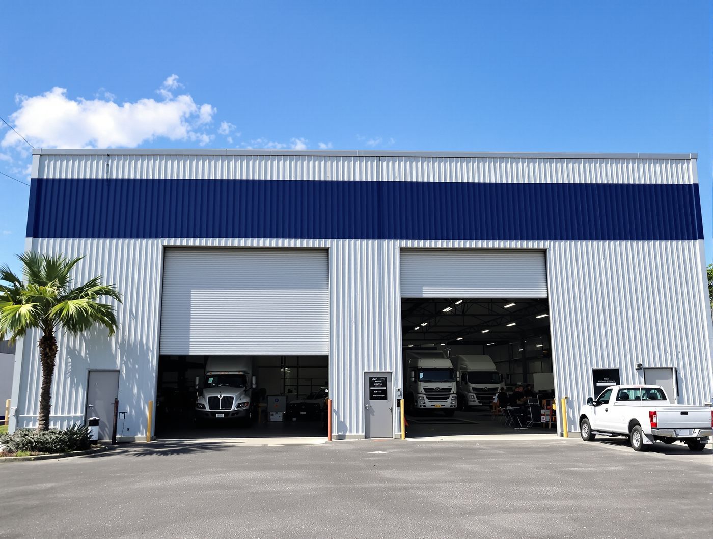 Galpão de oficina diesel com portões abertos