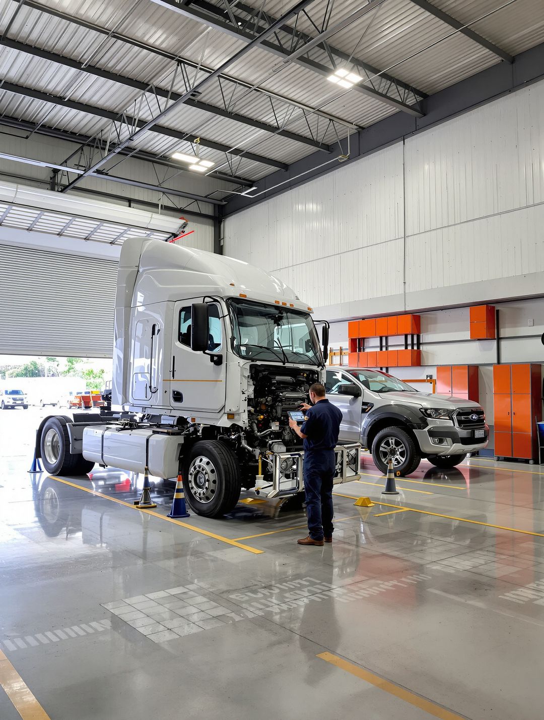 Caminhão e picape diesel em manutenção na oficina